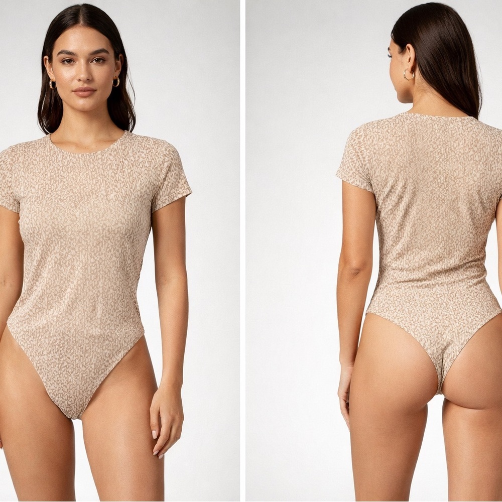 Express Leopard Print Thong Bodysuit Women’s S Neutral Cheetah Party Night Out